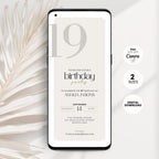 Phone displaying a 19th birthday party invitation with decorative elements on a light background