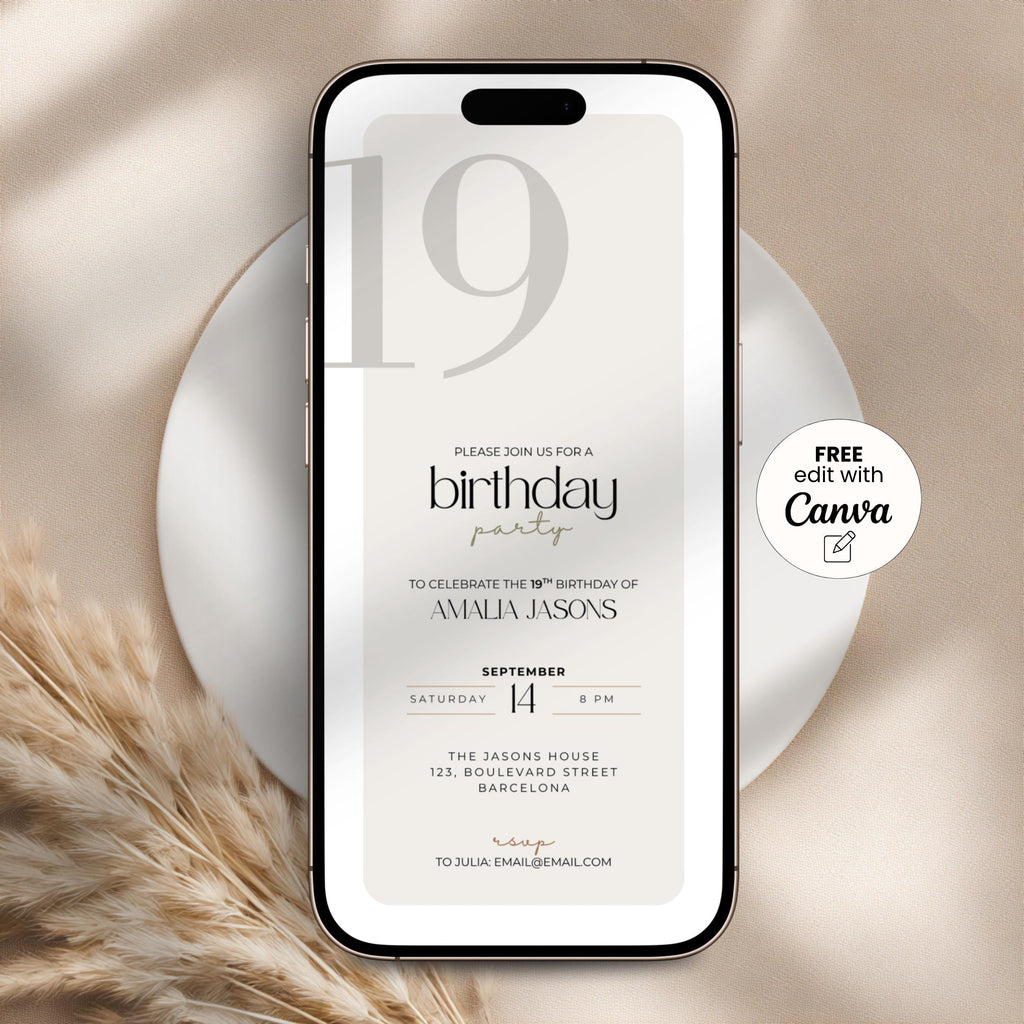 Phone displaying a birthday party invitation with Canva branding on a neutral background