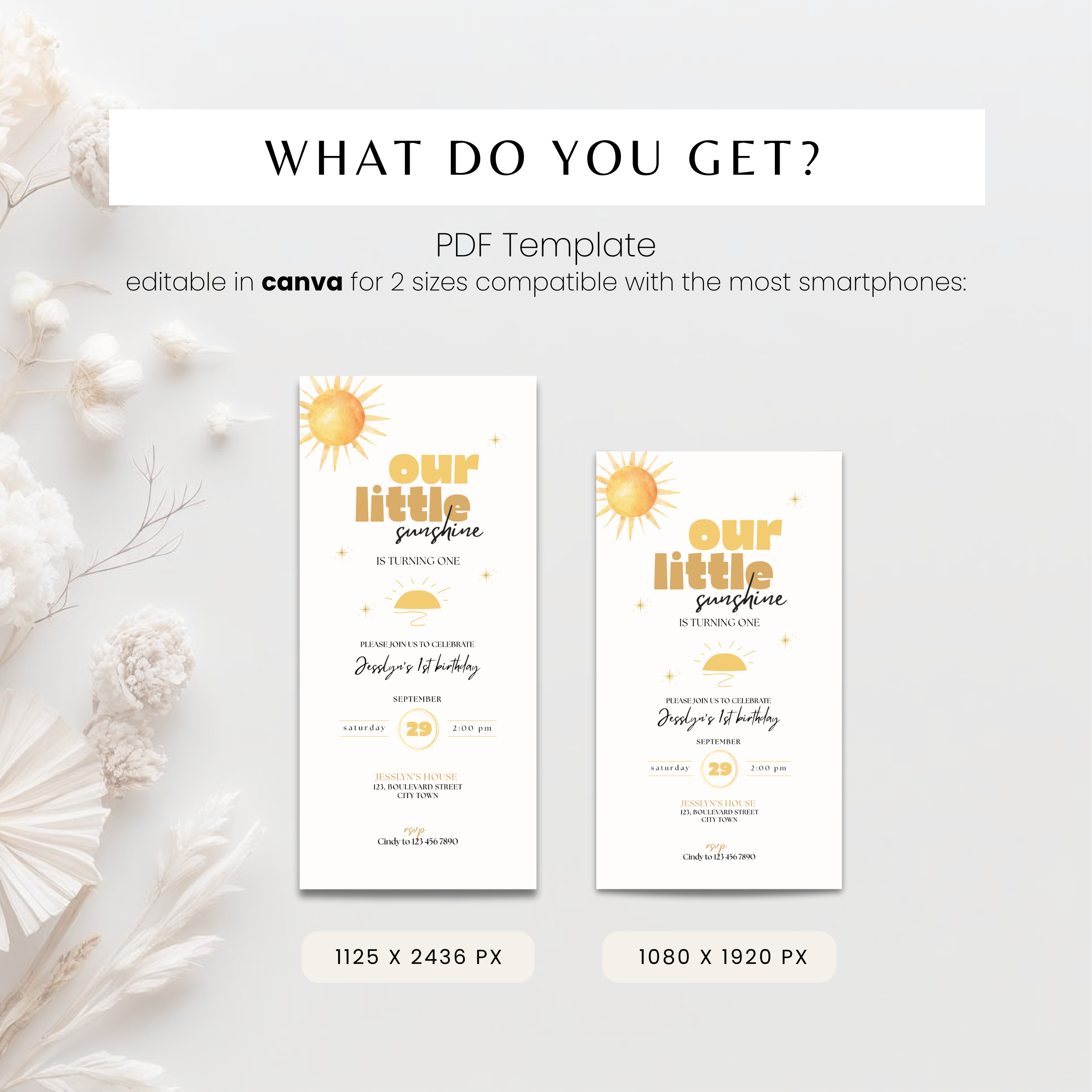 Sunshine First Birthday Invitation Boho