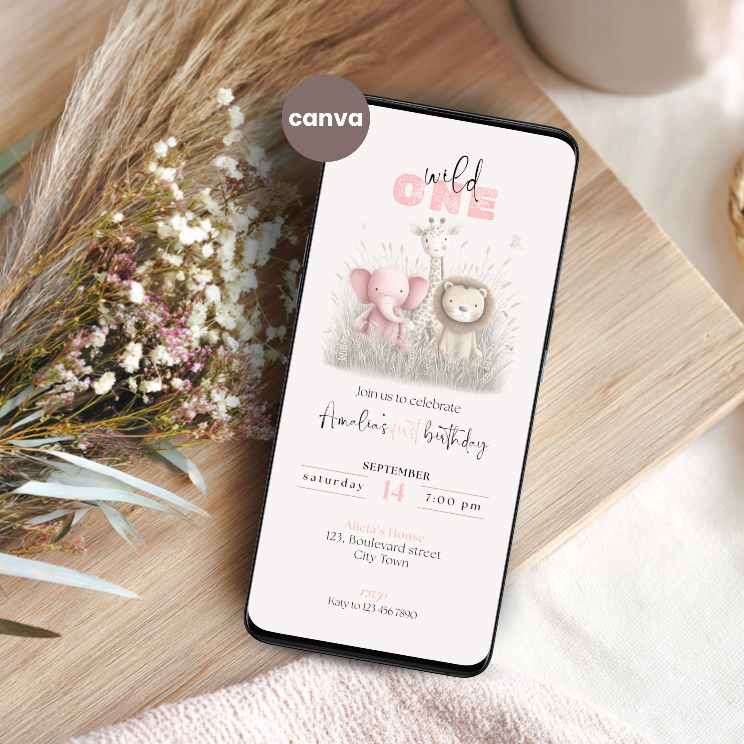 Pink Wild One Birthday Invitation