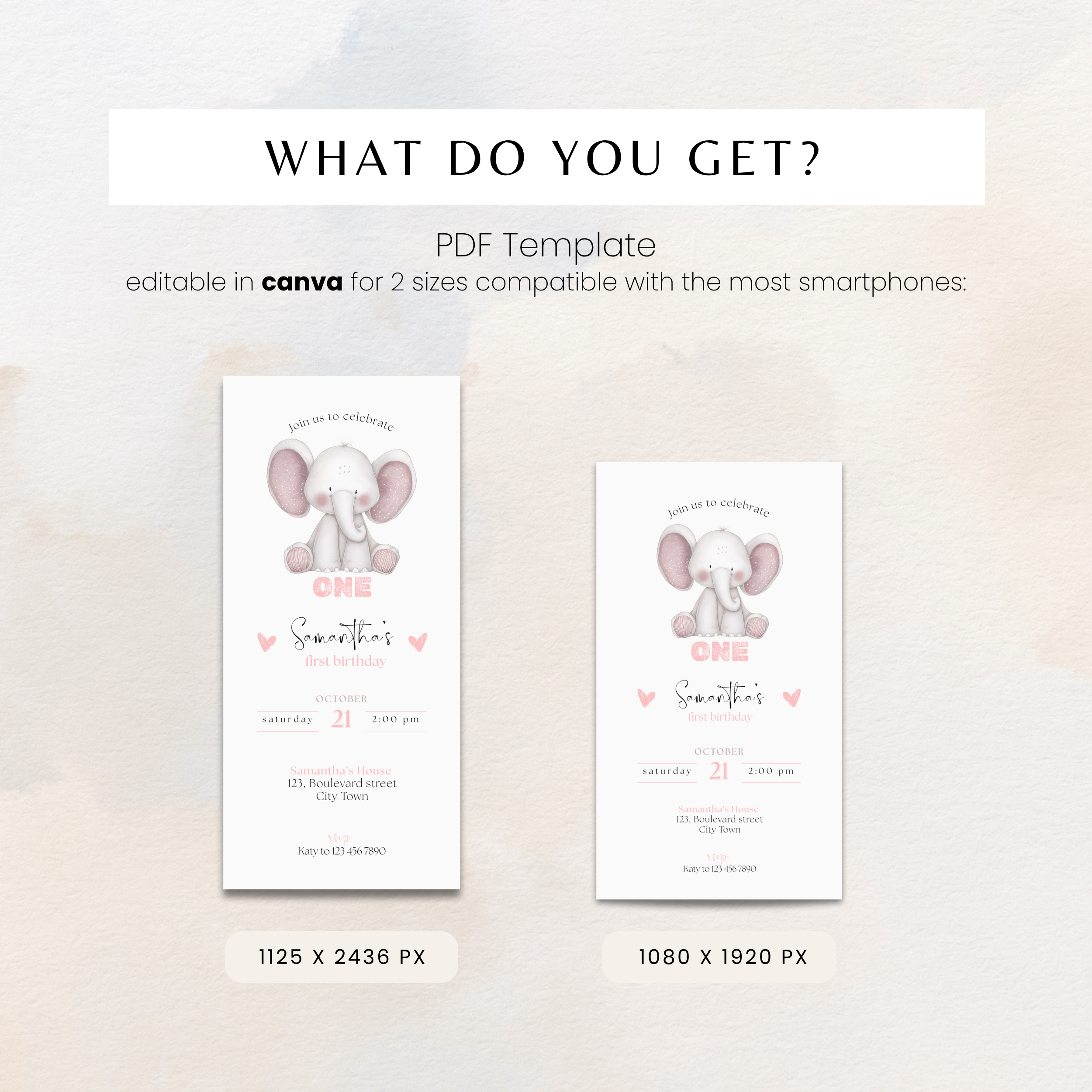 Elephant Pink 1st Birthday Invitation