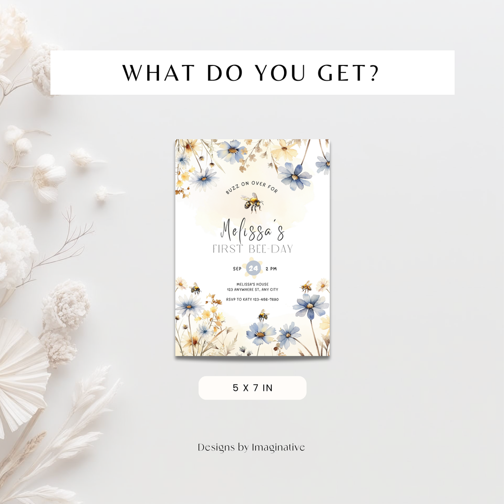 Floral Sweet To Bee One First Birthday Invitation
