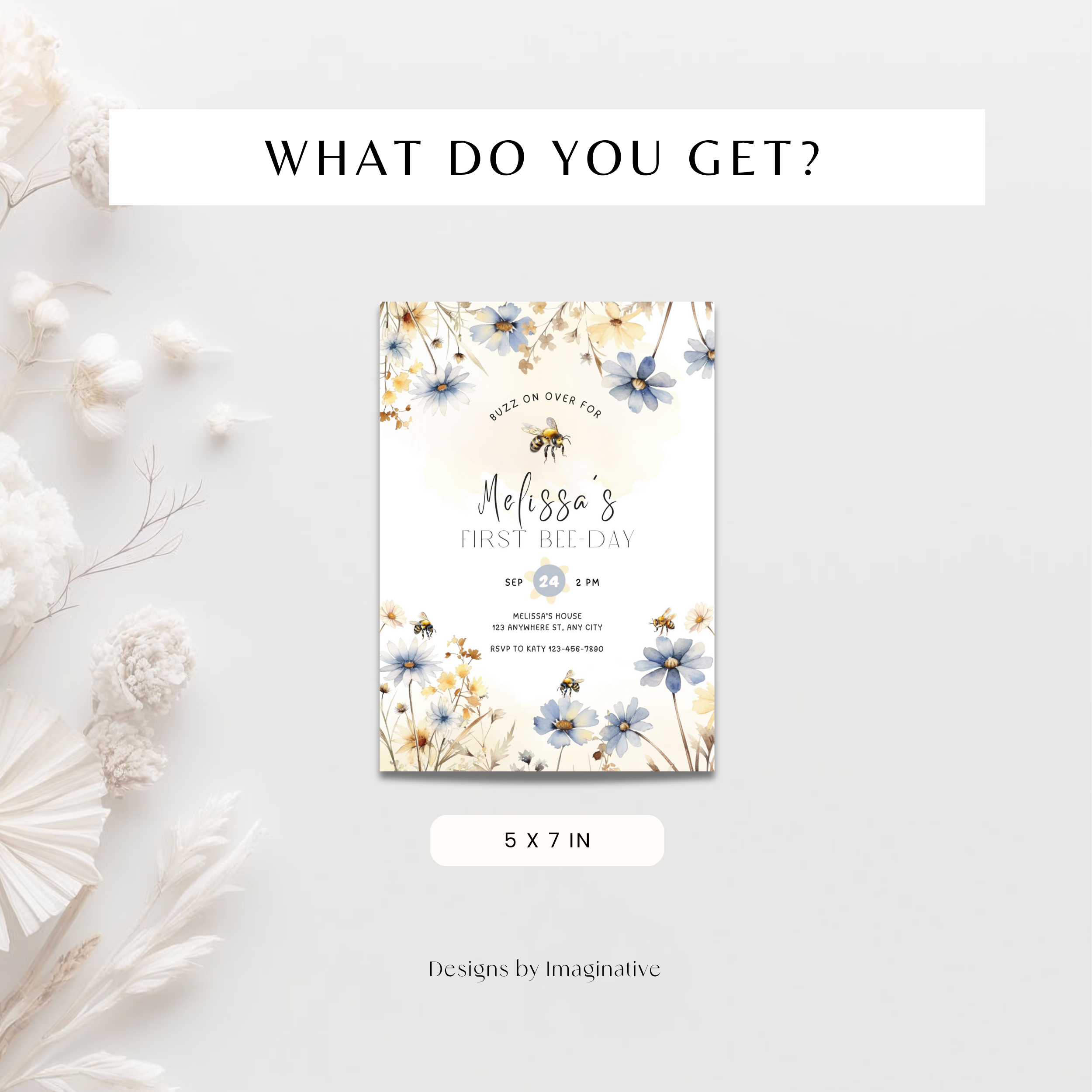 Floral Sweet To Bee One First Birthday Invitation