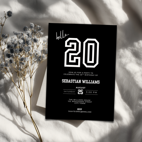 Black 20th birthday invitation card with white text on a light background