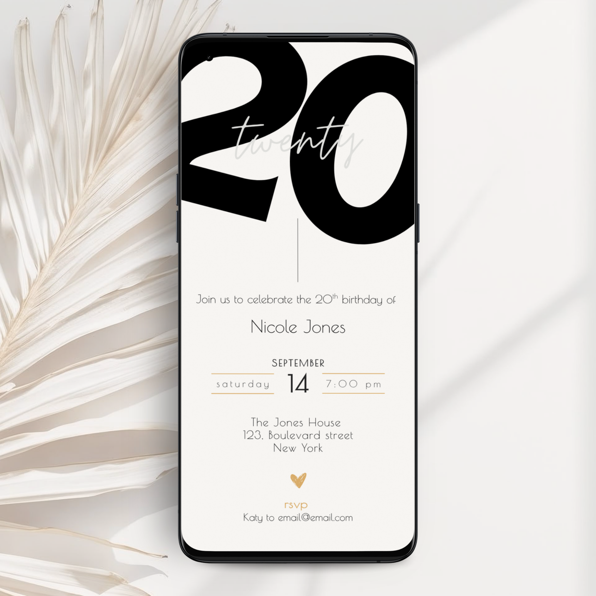A smartphone mockup displaying a minimalist 20th birthday invitation design, styled on a white surface with a dried palm leaf.