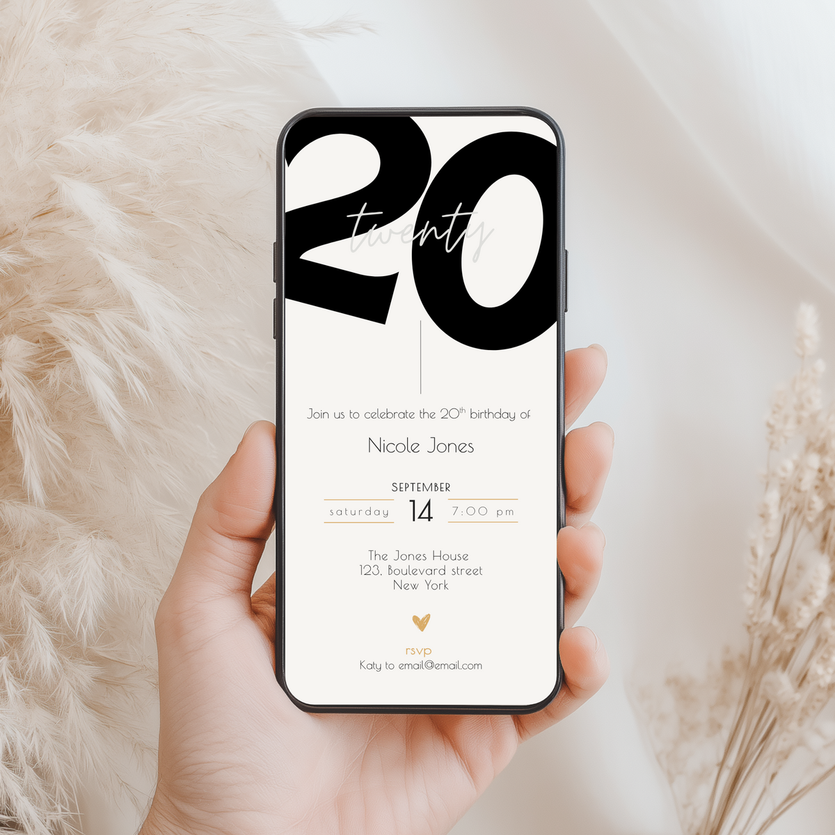 Close-up of modern design on 20th birthday invitation
