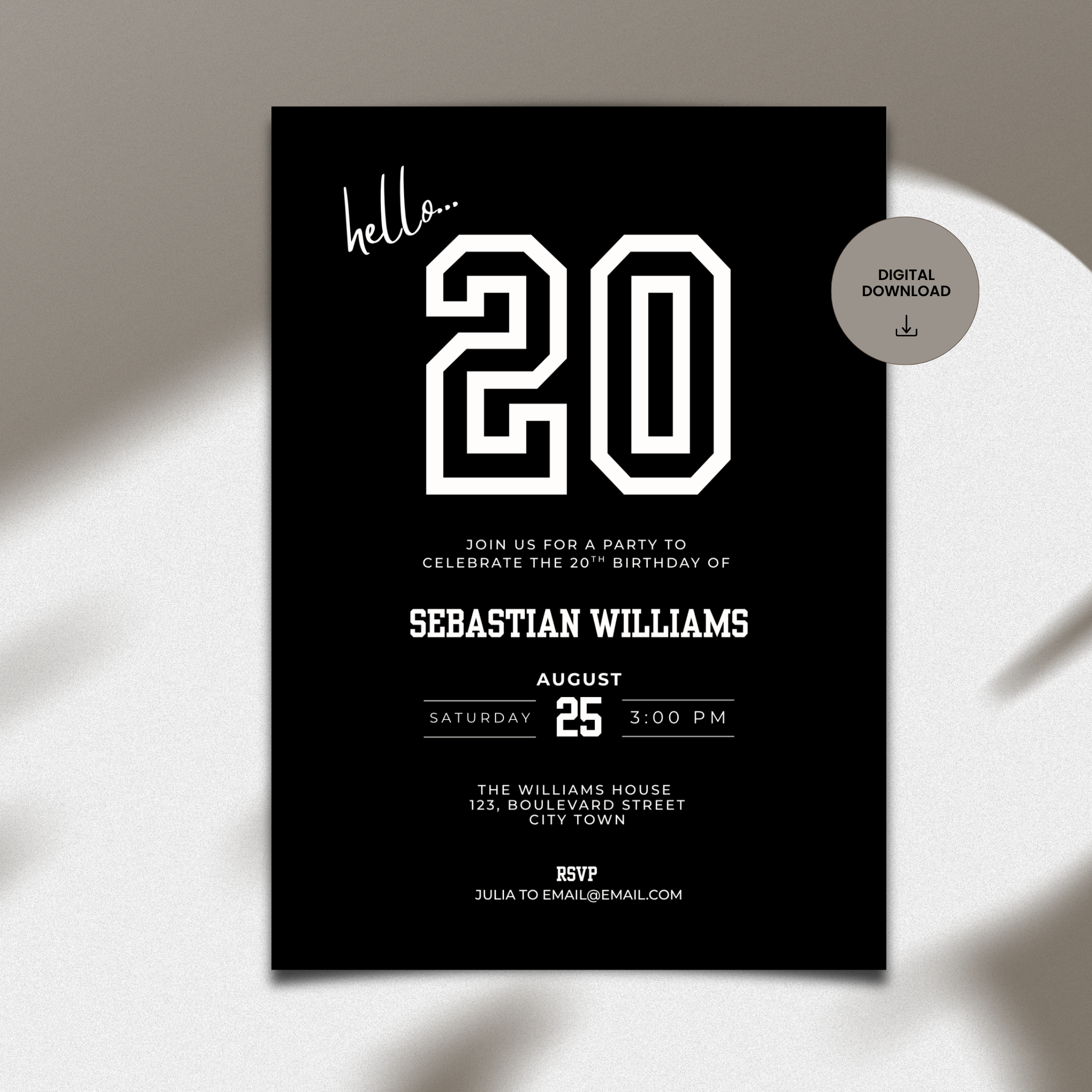 Black Sporty 20th Birthday Invitation