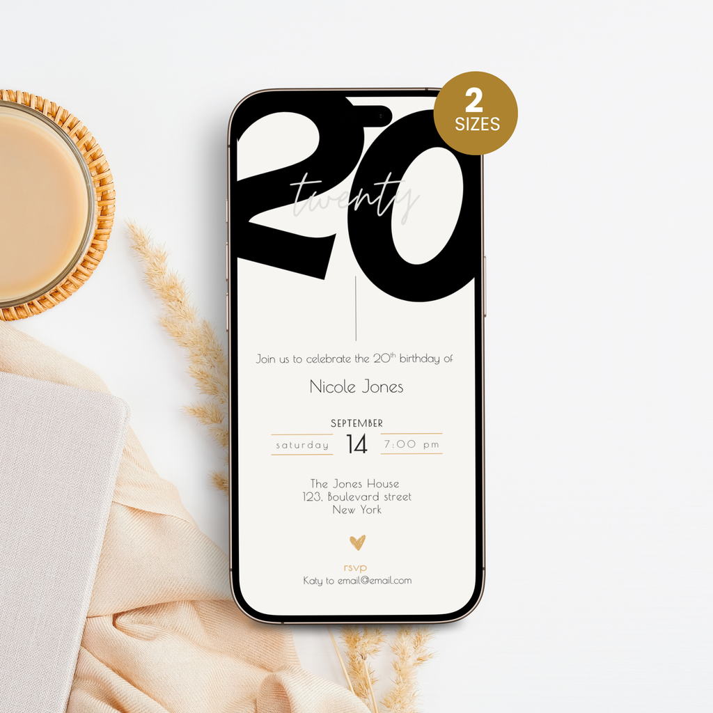 Phone displaying a 20th birthday invitation with '20' on the screen, placed on a white surface with a cup of coffee.