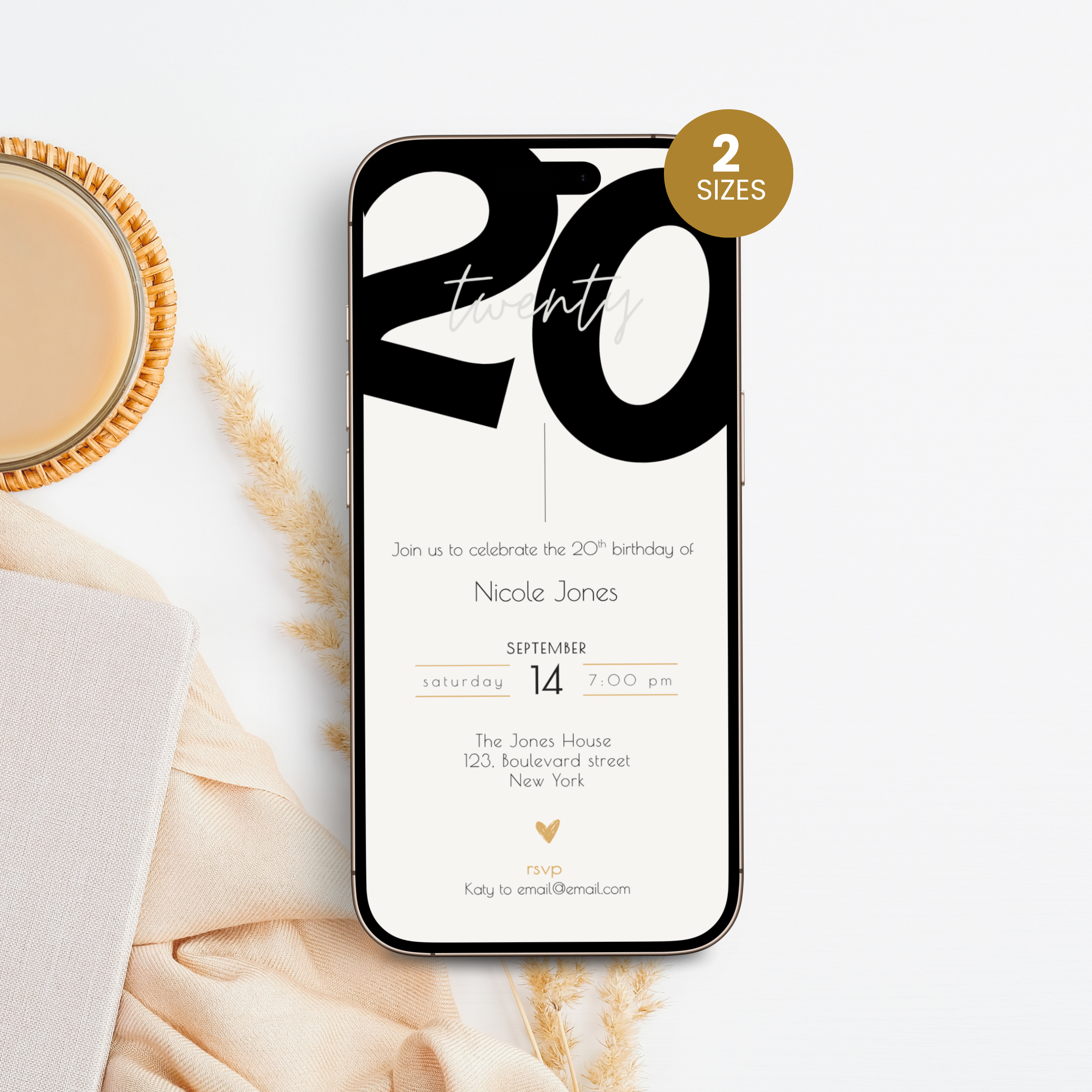 Phone displaying a 20th birthday invitation with '20' on the screen, placed on a white surface with a cup of coffee.