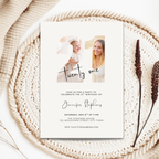 21st birthday invitation card with photos of a baby and a woman, placed on a textured surface.