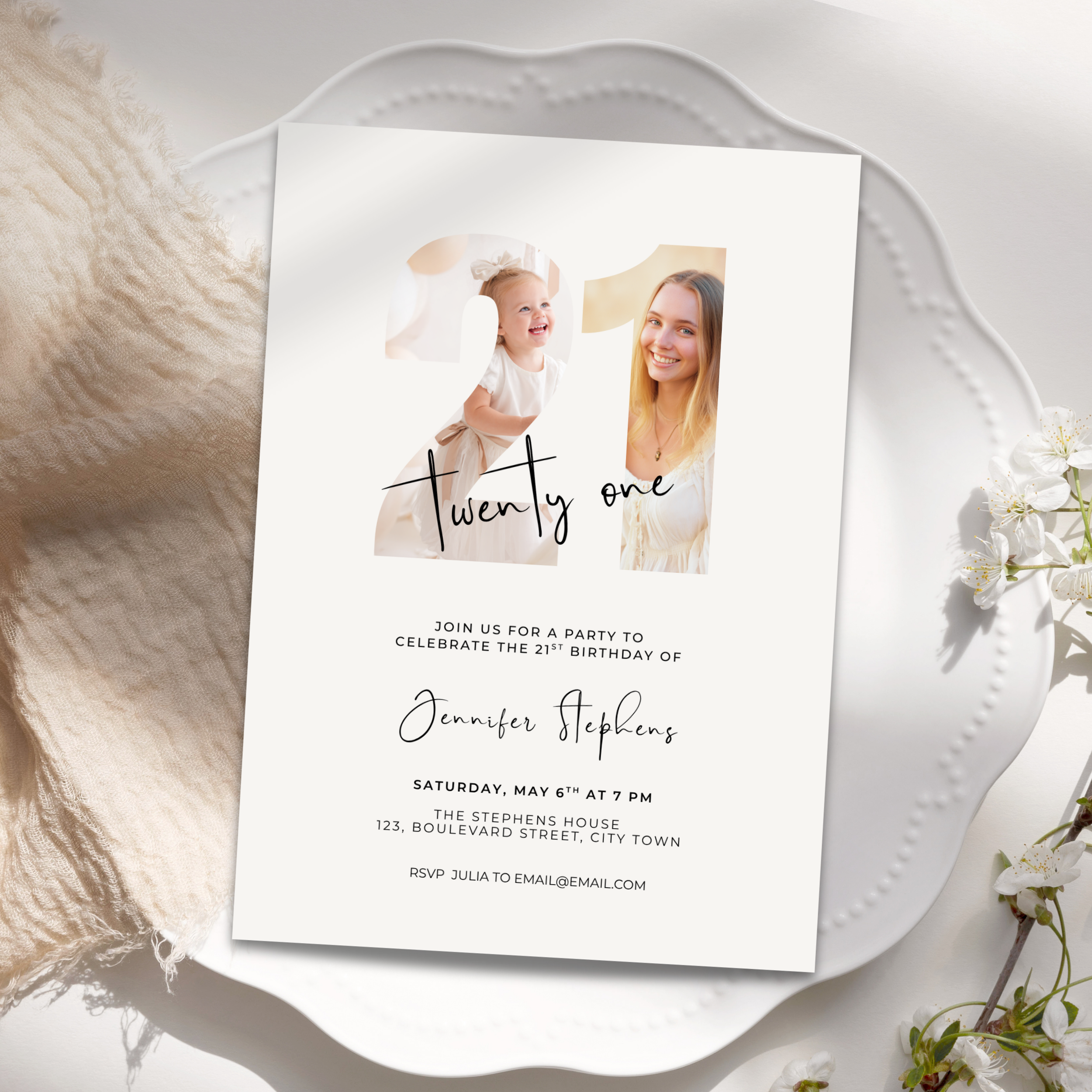 21st birthday invitation card with two photos of a woman and child, text 'Twenty one', and event details on a decorative white plate.