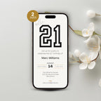 Phone with 21st birthday invitation on a light gray background with flowers