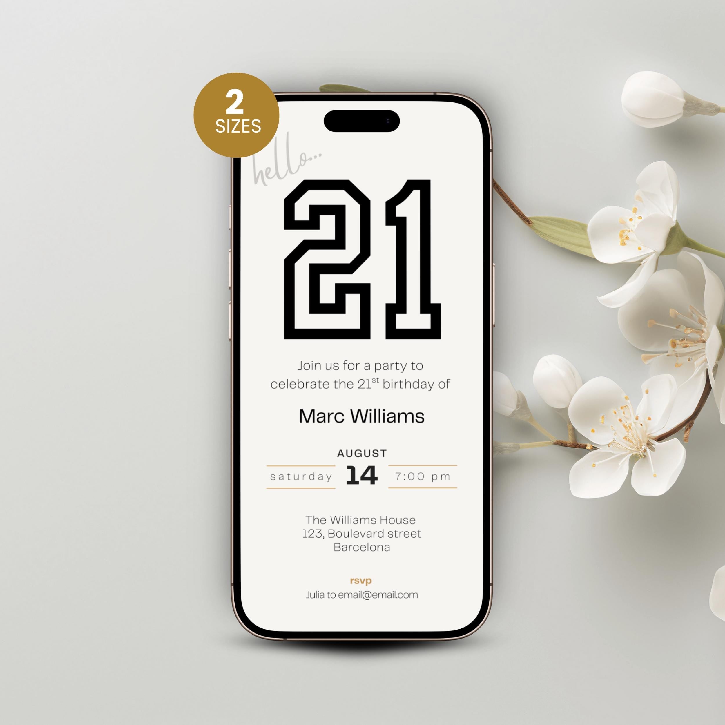 Phone with 21st birthday invitation on a light gray background with flowers