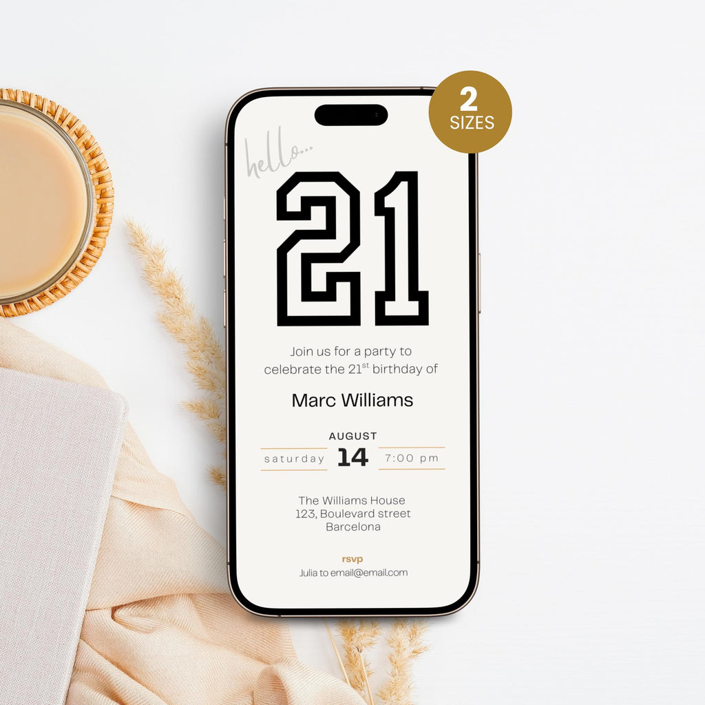 Phone screen displaying a 21st birthday invitation with '21' on a white background