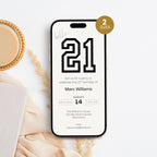 Phone screen displaying a 21st birthday invitation with '21' on a white background