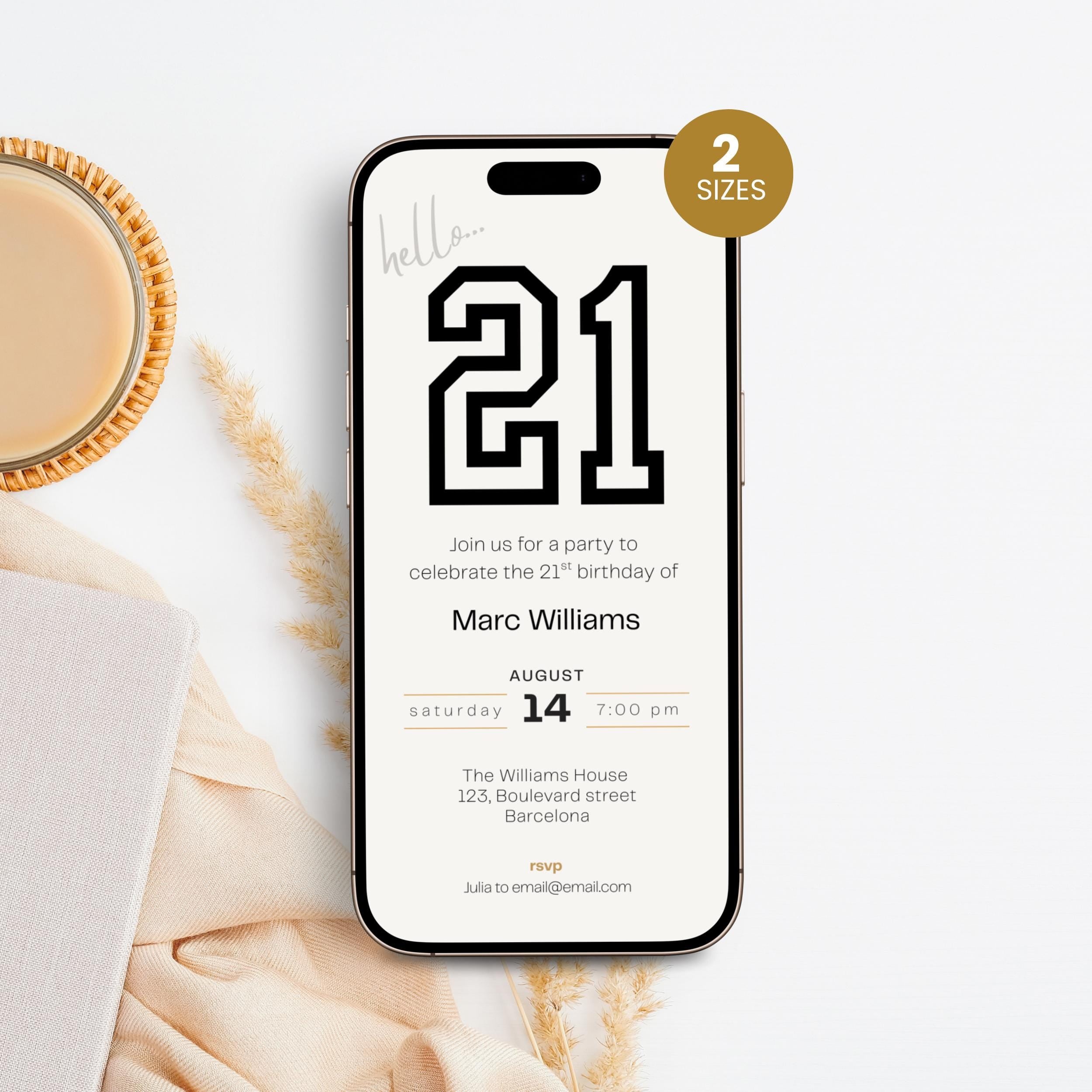 Phone screen displaying a 21st birthday invitation with '21' on a white background