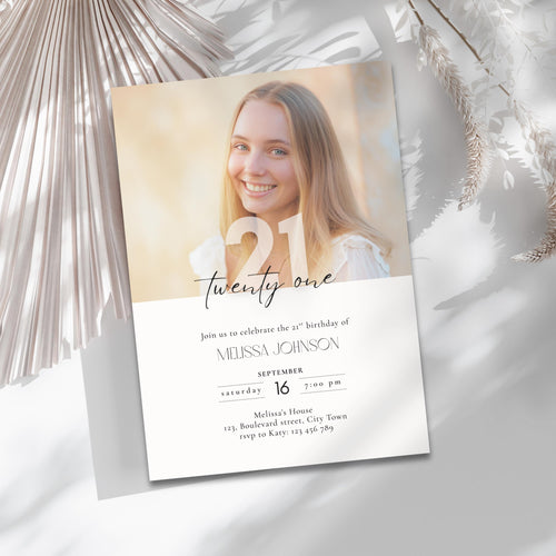21st birthday invitation card with a photo of a woman on a white background