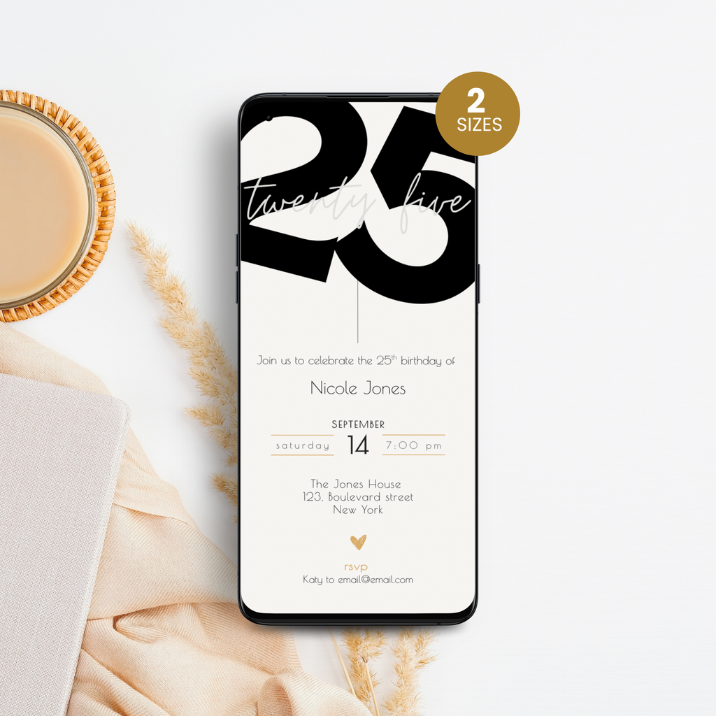 Phone displaying a 25th birthday invitation with '25' on a white surface with a cup of coffee.