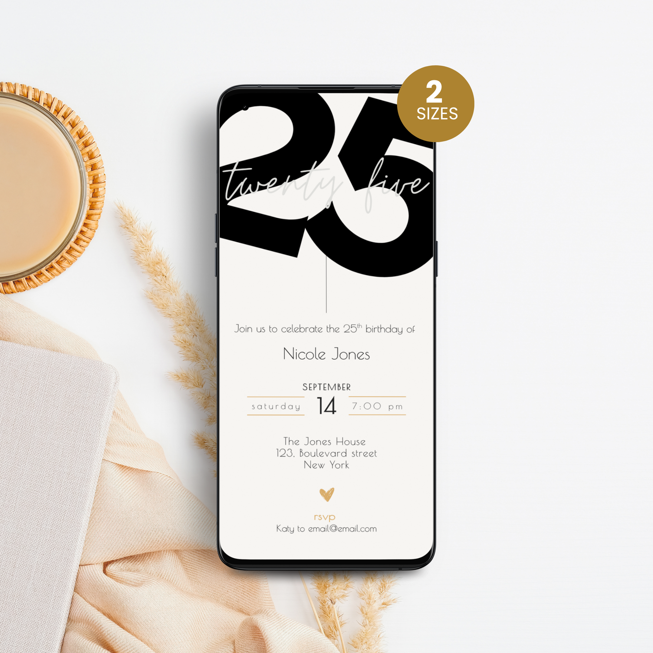 Phone displaying a 25th birthday invitation with '25' on a white surface with a cup of coffee.
