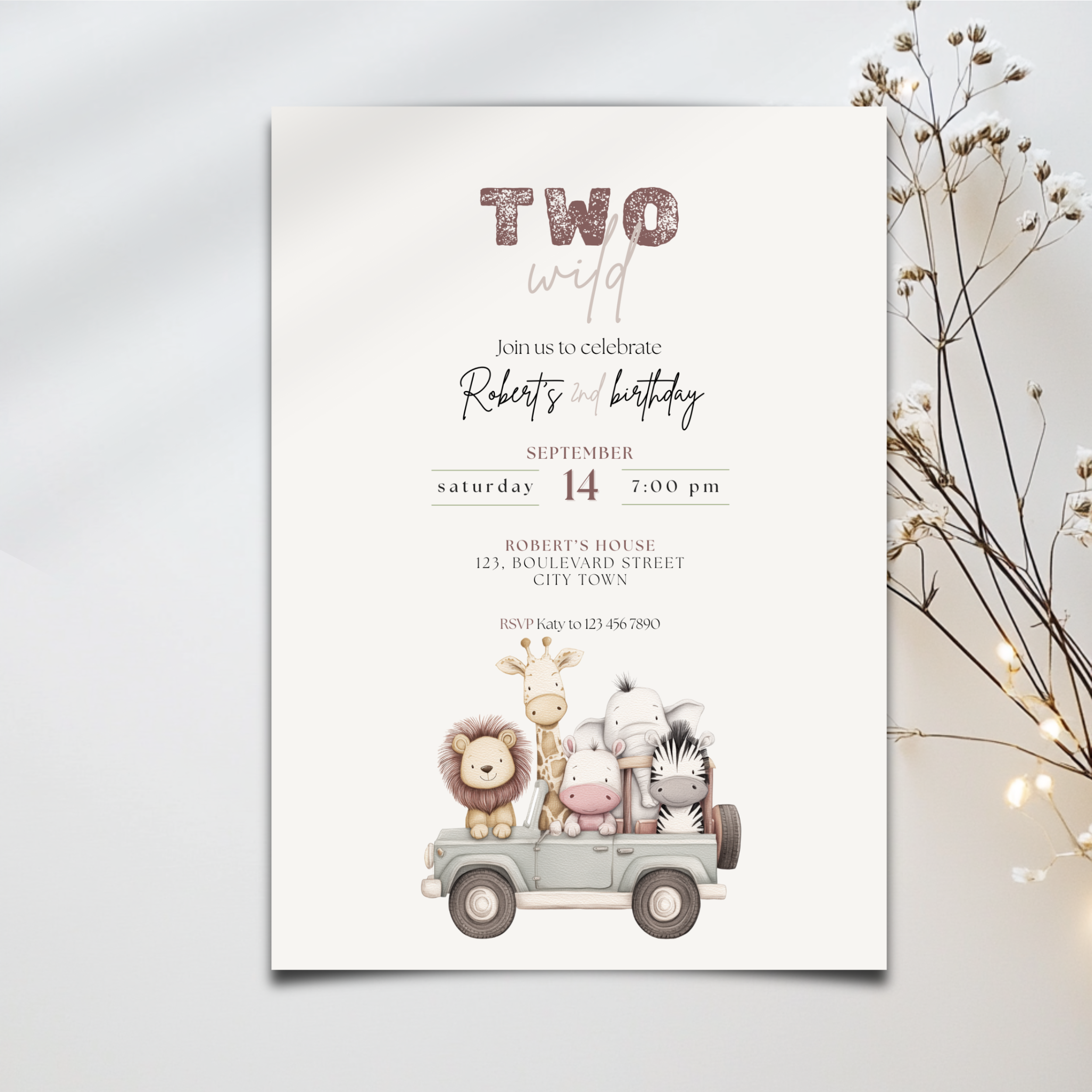 Boho Two Wild Safari Birthday Invitation