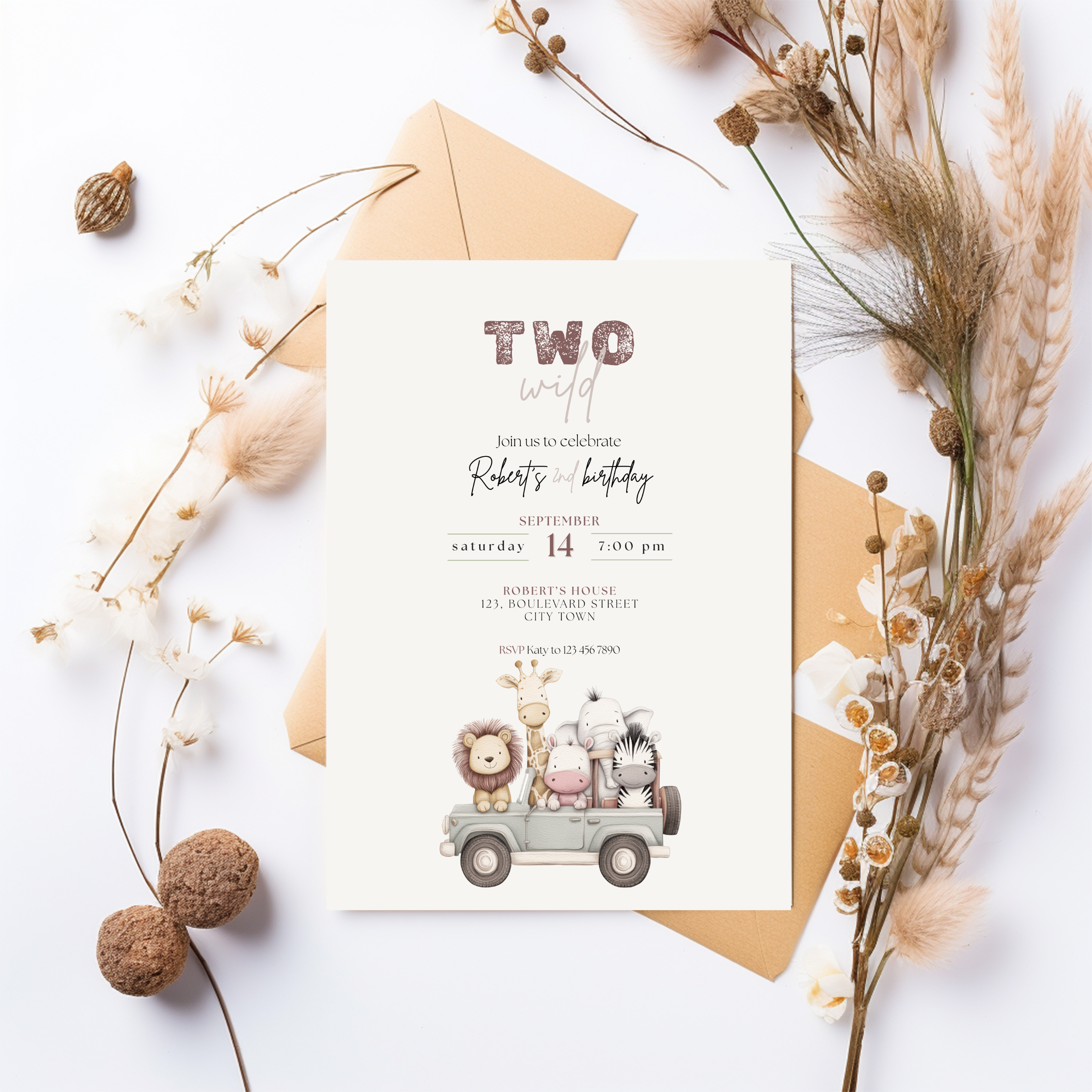 Boho Two Wild Safari Birthday Invitation