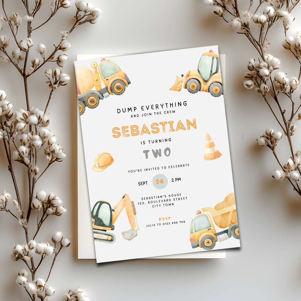 Construction Truck 2nd Birthday Invitation for Boys