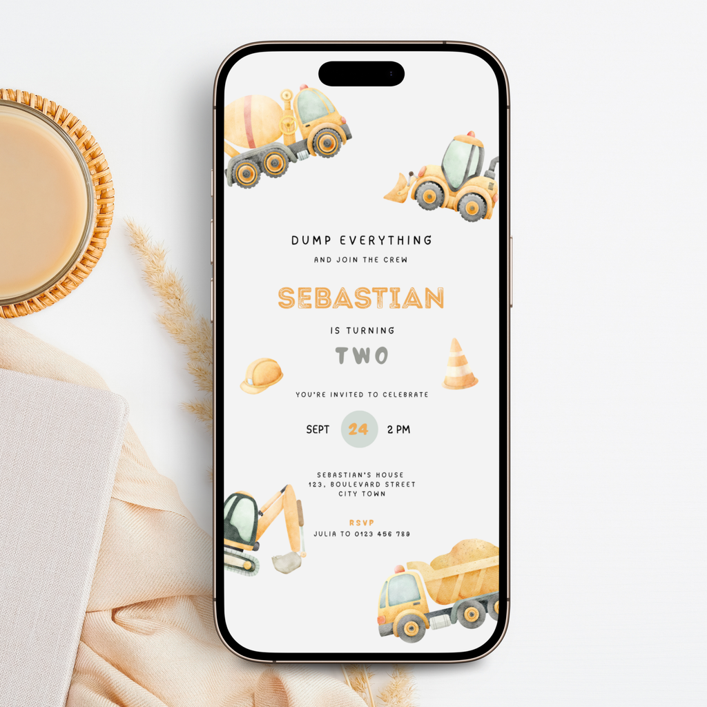Construction Truck 2nd Birthday Invitation