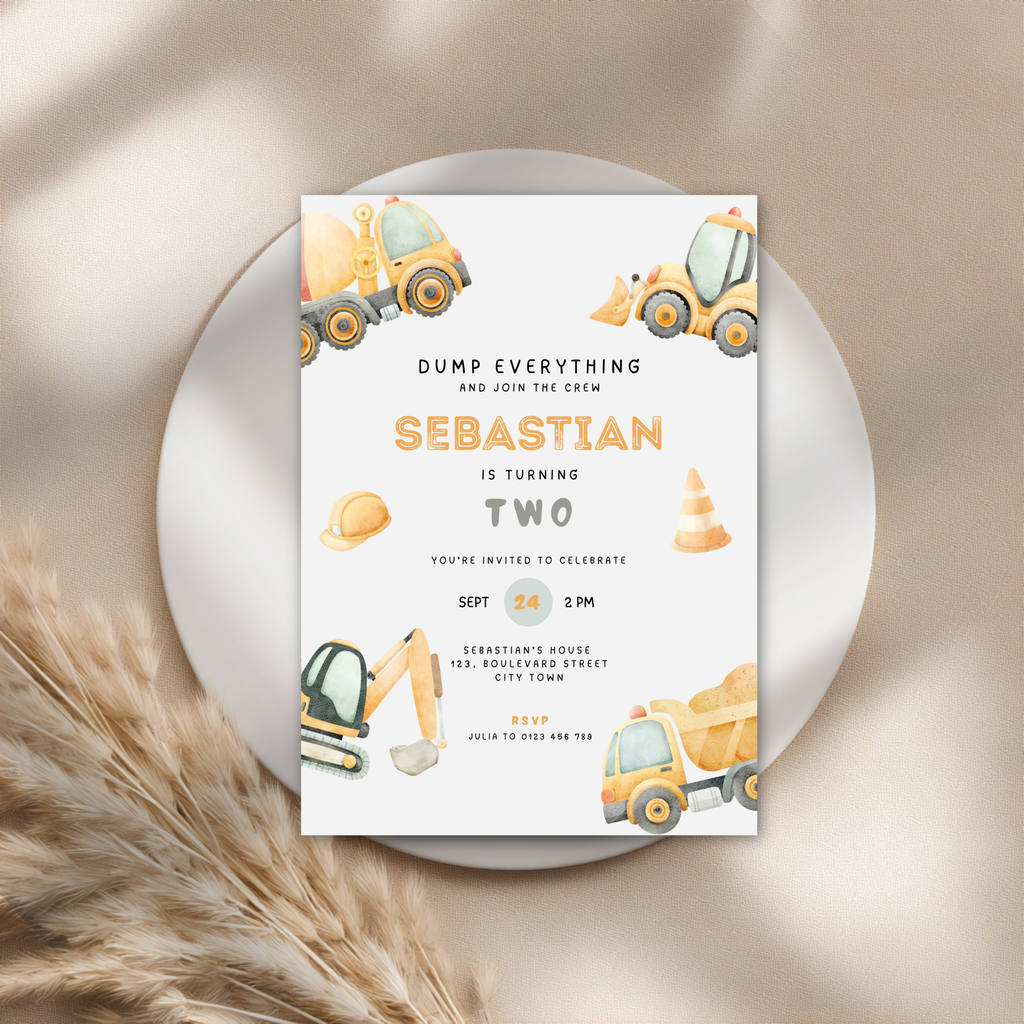 Construction Truck 2nd Birthday Invitation for Boys