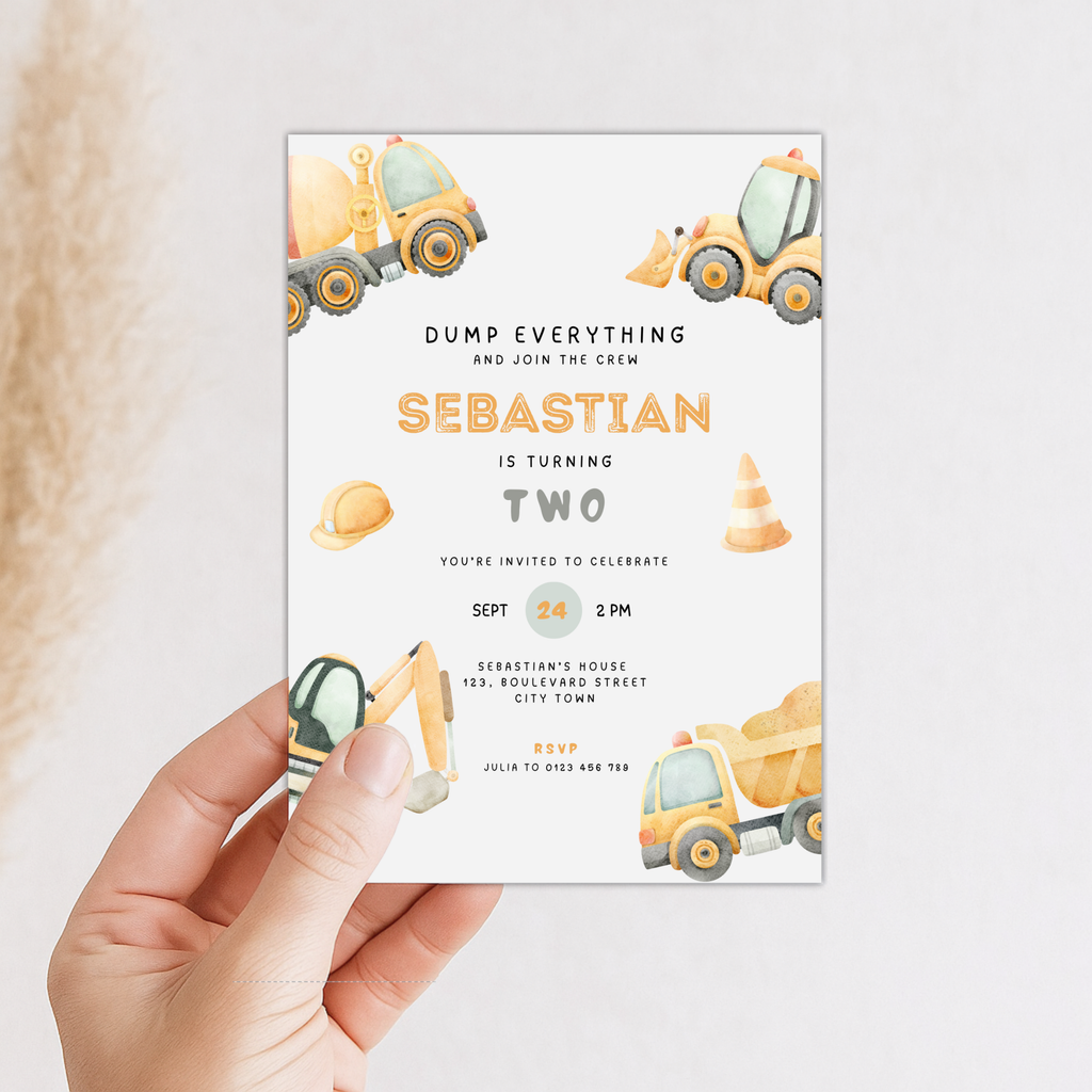 Construction Truck 2nd Birthday Invitation for Boys