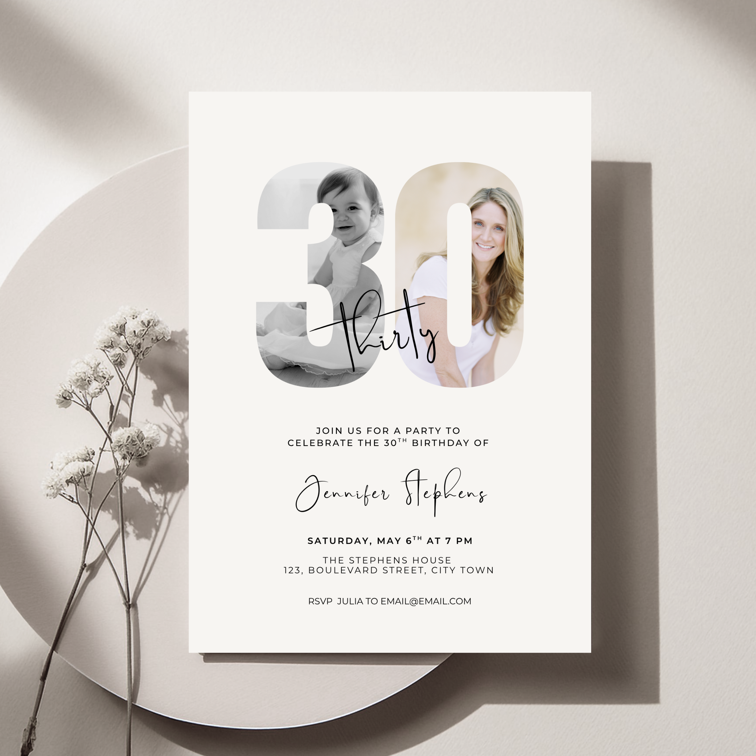 30th birthday Invitation card with '30' design featuring two photos of a baby and a woman, on a light background.