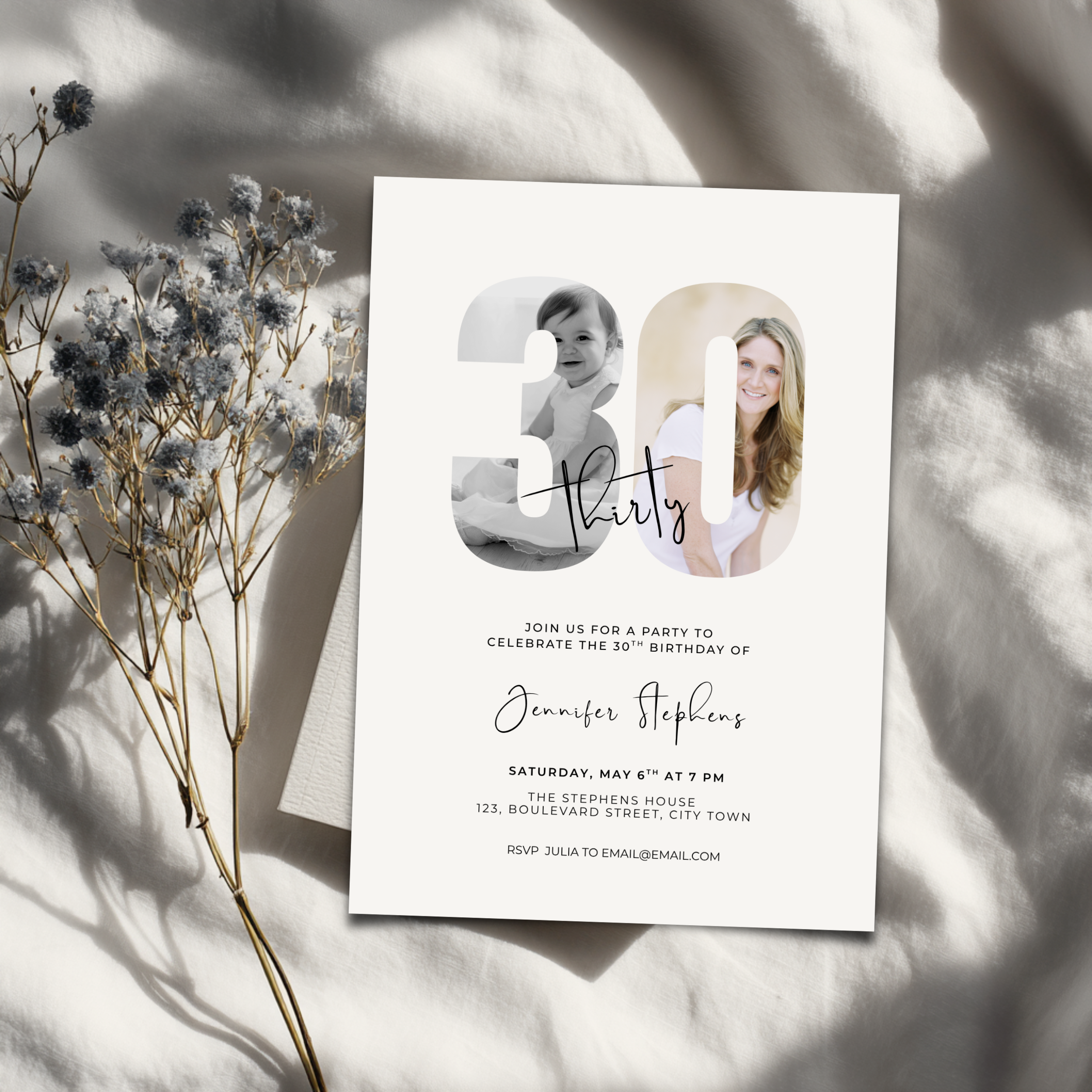 Elegant Photo 30th Birthday Invitation Template