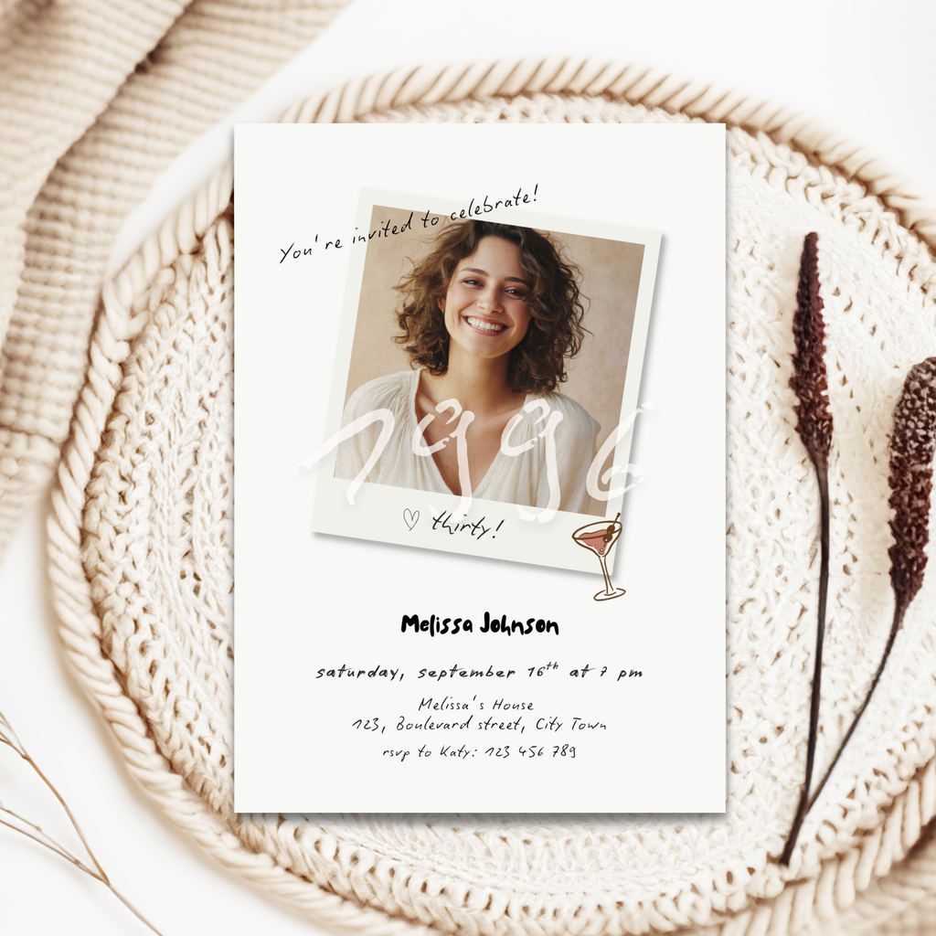 30th birthday Invitation card with a photo of a woman and text on a woven surface