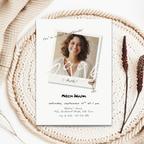 30th birthday Invitation card with a photo of a woman and text on a woven surface