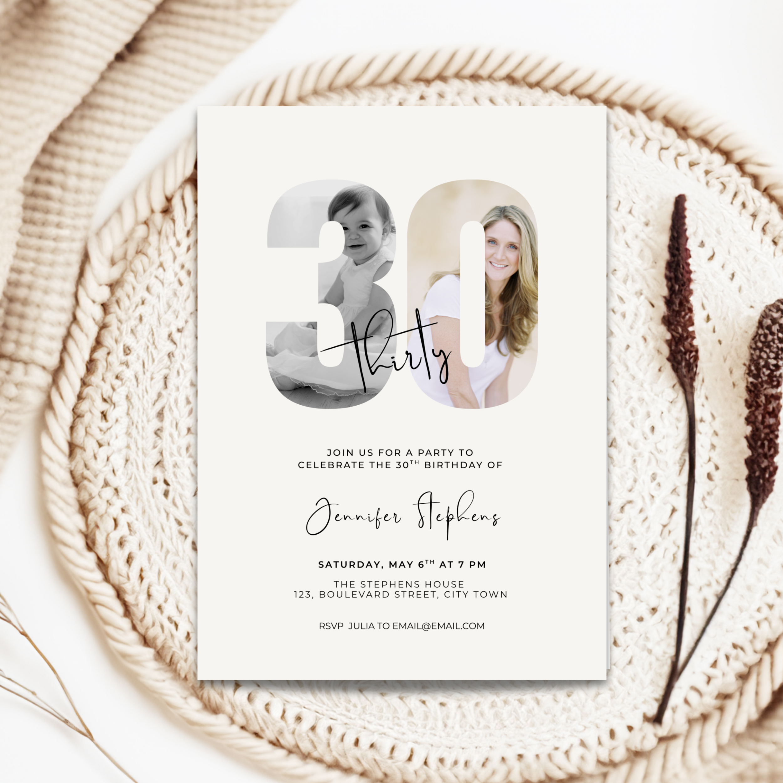 Elegant Photo 30th Birthday Invitation Template