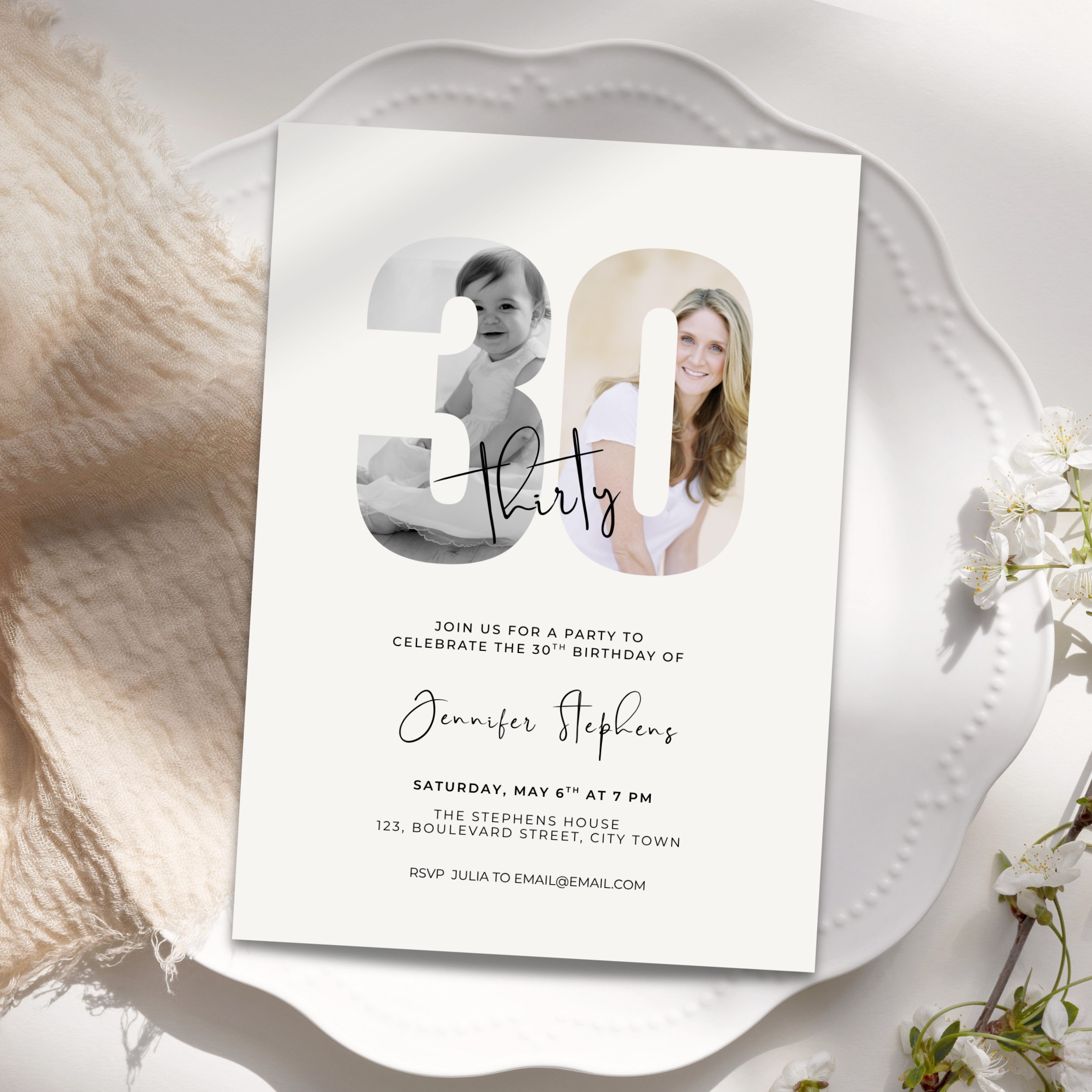 Elegant Photo 30th Birthday Invitation Template