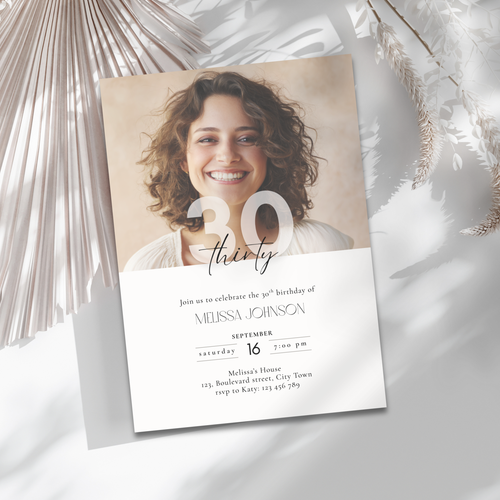 Invitation card for a 30th birthday celebration with a photo of a woman on a white background.