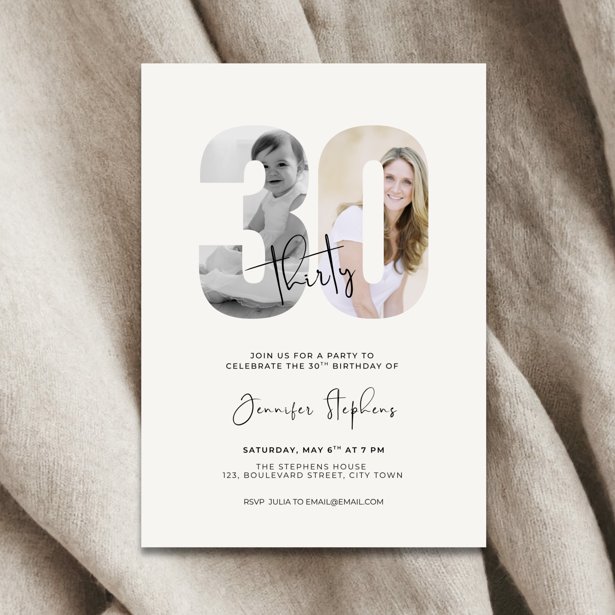 Elegant Photo 30th Birthday Invitation Template