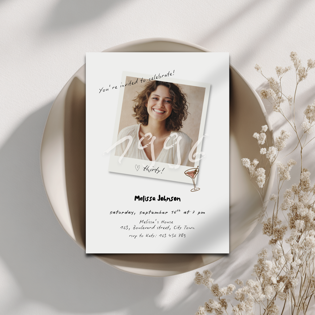 30th birthday Invitation card with a photo of a woman and text on a white background