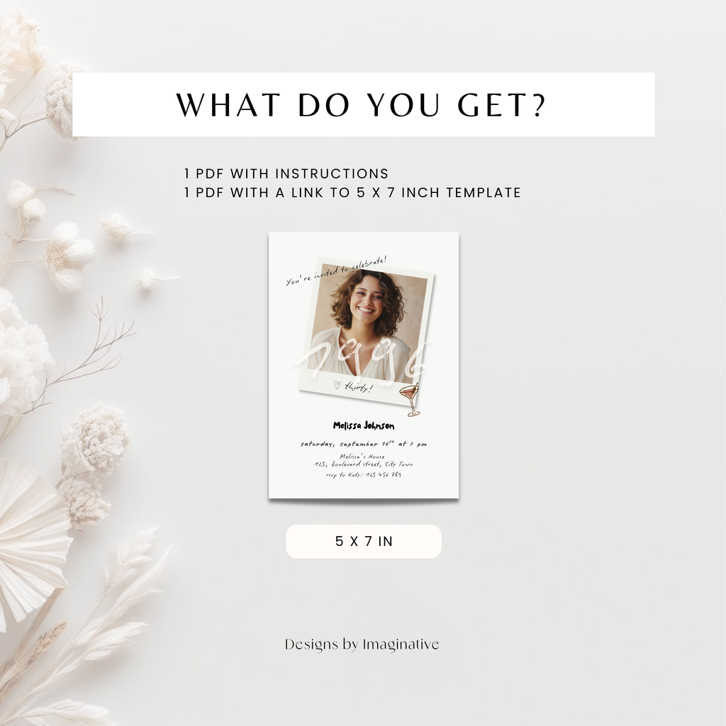 A promotional graphic for a digital invitation template product. The layout features a central mockup of a 5x7 inch Polaroid-style invitation card with placeholder text and a photo, surrounded by decorative white dried flowers on a light gray background.