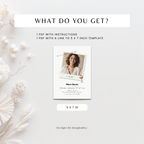 A promotional graphic for a digital invitation template product. The layout features a central mockup of a 5x7 inch Polaroid-style invitation card with placeholder text and a photo, surrounded by decorative white dried flowers on a light gray background.