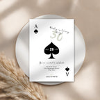 Playing card design birthday invitation on a white plate with pampas grass