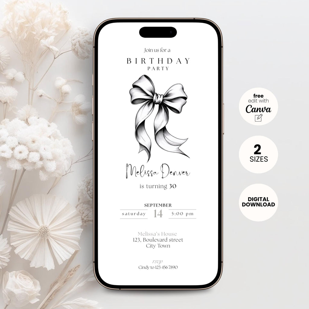 Phone screen displaying a 30th birthday party invitation with a black bow graphic, surrounded by white flowers on a light gray background.