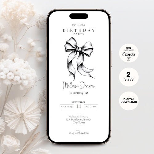 Phone screen displaying a 30th birthday party invitation with a black bow graphic, surrounded by white flowers on a light gray background.