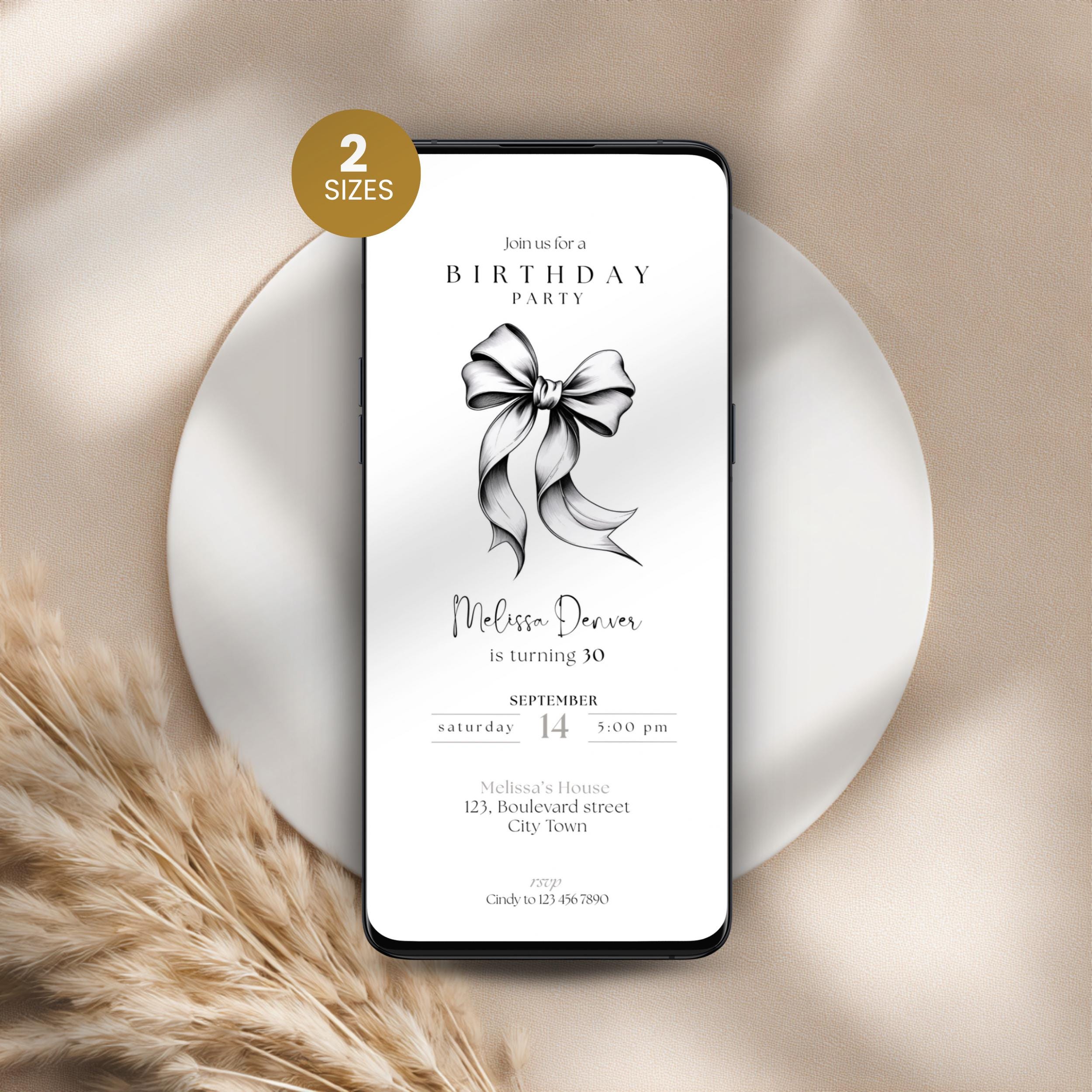 Phone displaying a birthday party invitation with a bow graphic on a beige background