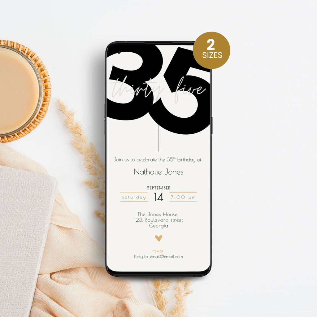 Phone displaying a 35th birthday invitation with '35' on a white surface with a cup of coffee.