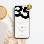 Phone displaying a 35th birthday invitation with '35' on a white surface with a cup of coffee.