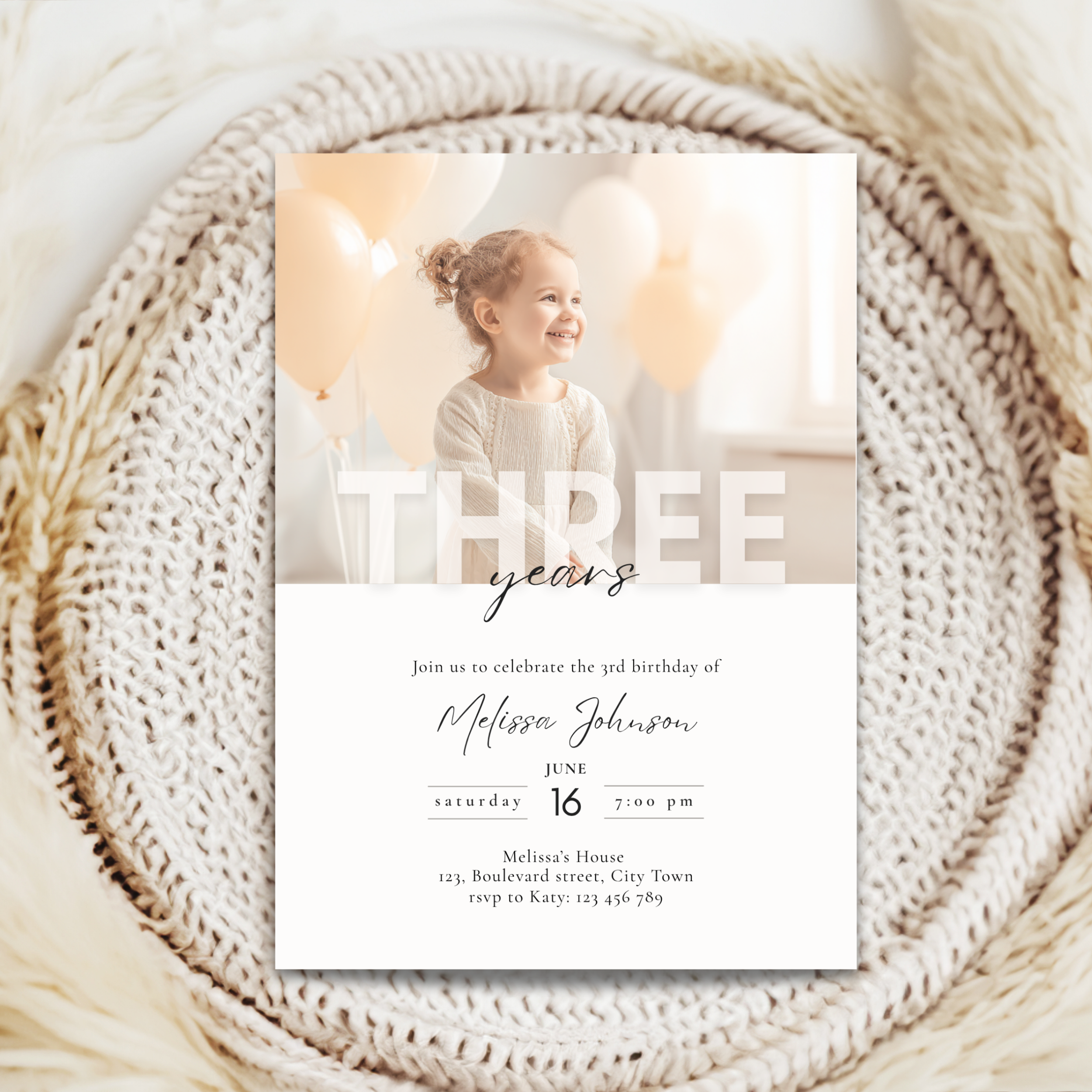 3rd Birthday Invitation Photo Boy or Girl