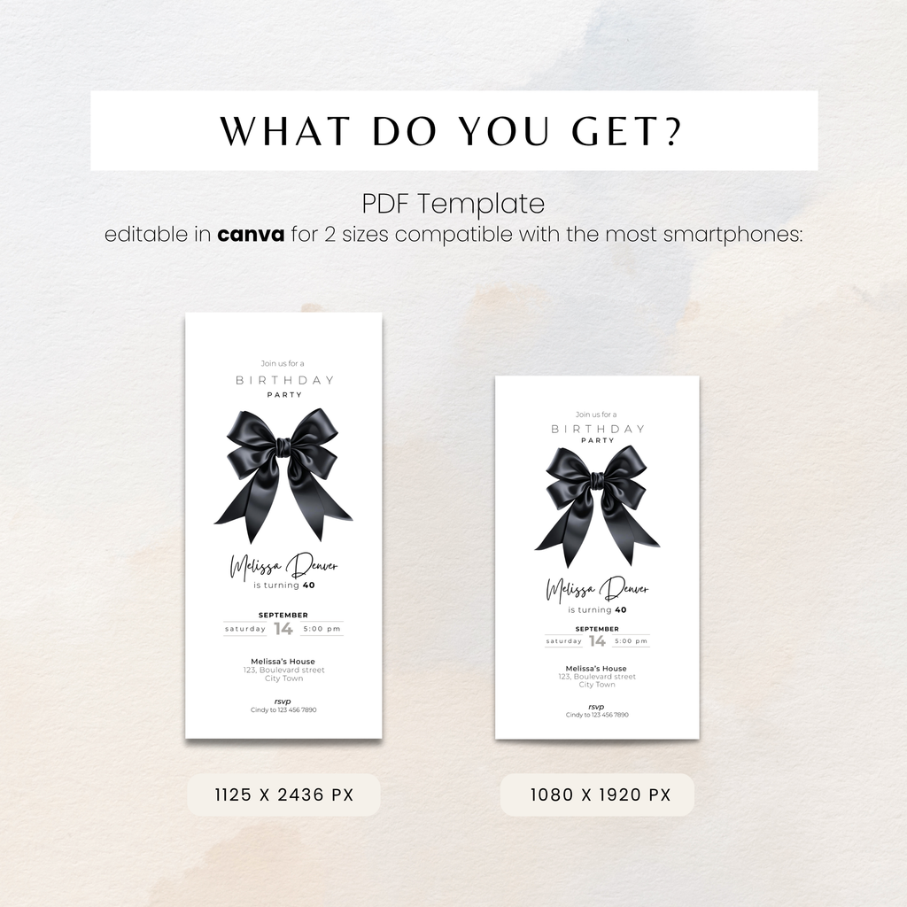Black Bow 40th Birthday Invitation for Women