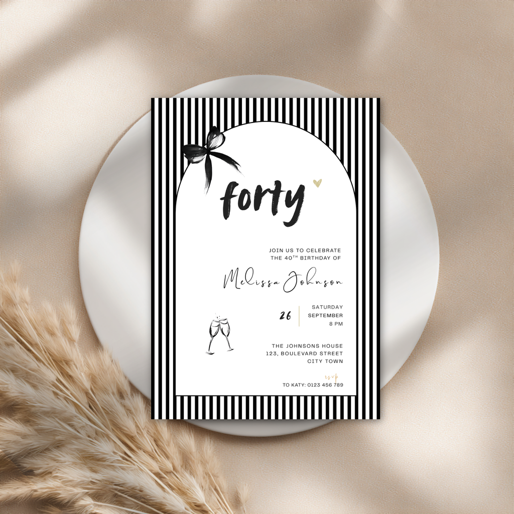 Black Bow Stripes And Arch 40th Birthday Invitation