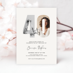 Invitation card for a 40th birthday party with photos of a woman and text on a light background.